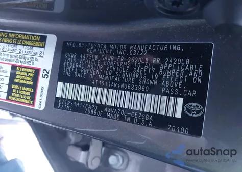2022 Toyota Camry Se from USA, damaged, VIN 4T1S11AK4NU683960